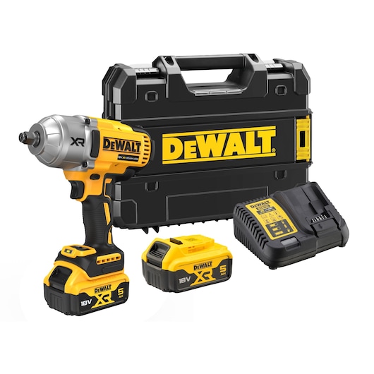 DEWALT 18V cordless impact wrench kit with batteries, charger, and a sturdy carrying case.