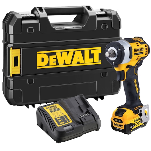 DEWALT cordless impact wrench kit with case and charger, model DCF901P1, shown in black and yellow.