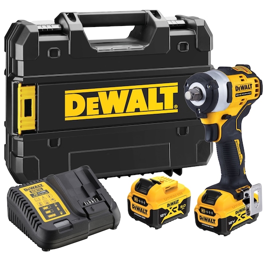 DEWALT kit incl. DCF901P2, DCF901P2-QW; impact wrench, charger, 2 batteries, case. Photography category.