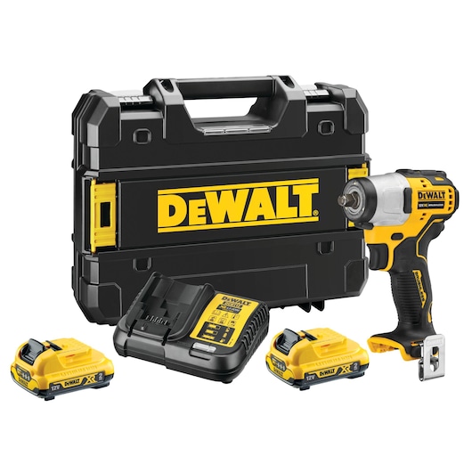 DEWALT drill kit with case, charger, two batteries, and cordless impact wrench, model DCF902D2.