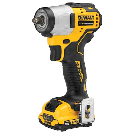 DEWALT 12V cordless impact wrench with brushless motor, yellow and black body, shown on white background.