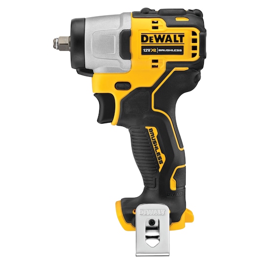 DEWALT 12V XR brushless impact wrench tool with yellow and black grip, side clip visible.