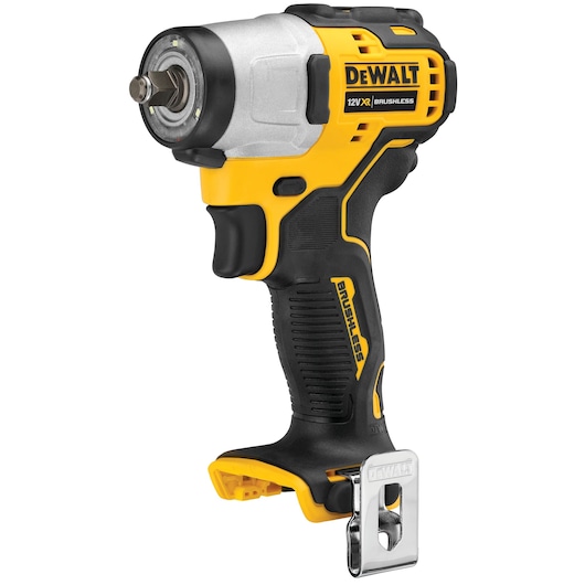 DEWALT DCF902N 12V cordless brushless impact wrench, yellow and black, with metal belt clip.