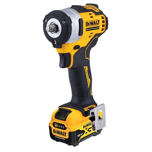 DEWALT DCF903P2 12V cordless impact wrench with brushless motor and battery, shown in yellow and black.