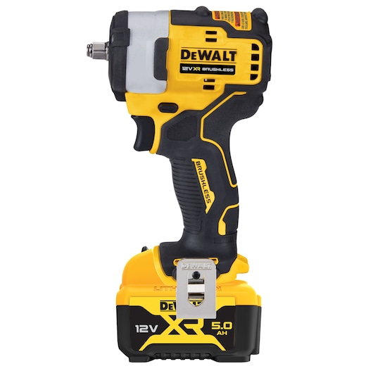 DEWALT 12V XR brushless impact wrench with 5.0Ah battery, shown upright against a white background.