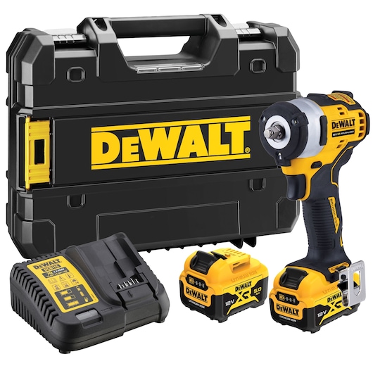 DEWALT cordless impact wrench kit with charger, two batteries, and carrying case.