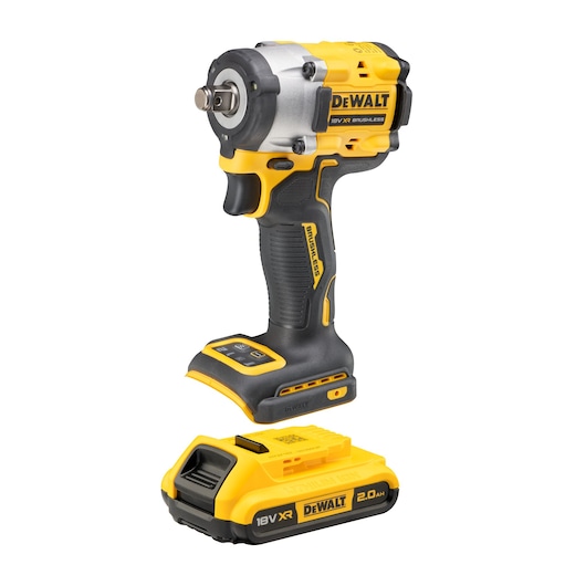 A DEWALT 18V XR brushless cordless impact wrench with a detached 2.0Ah lithium-ion battery, both in yellow and black.