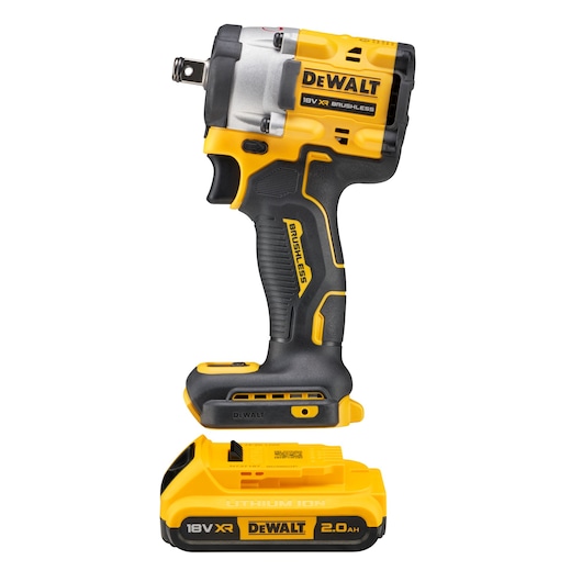 A DEWALT cordless impact wrench, model DCF921D2T, featuring an 18V XR brushless motor and a 2.0 Ah lithium-ion battery, shown upright against a white background.