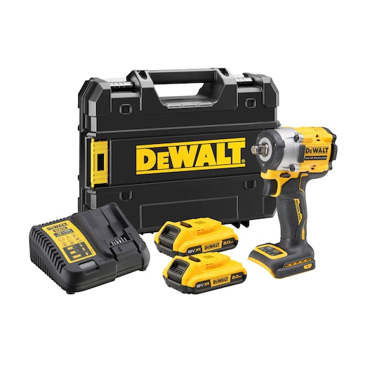 DEWALT cordless impact wrench kit including a black and yellow impact wrench, two 18V XR lithium-ion batteries, a battery charger, and a sturdy carrying case with the DEWALT logo.