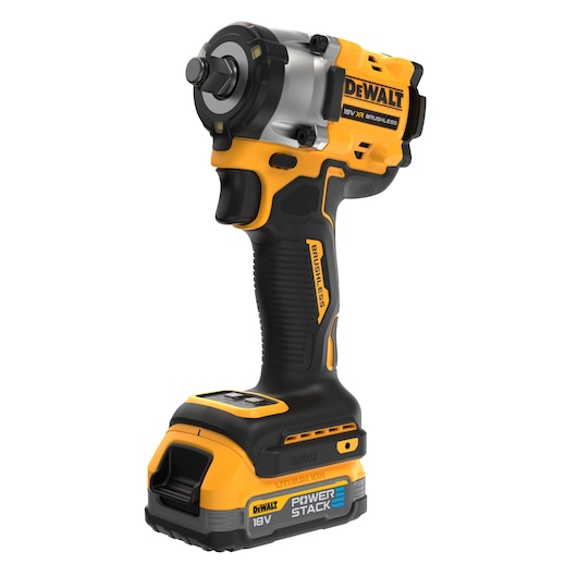 DEWALT cordless impact wrench, model DCF921E2T, with 18V POWERSTACK battery, yellow and black design.