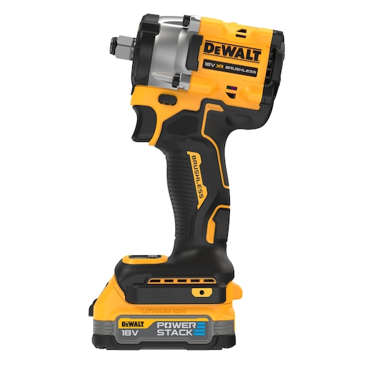 DEWALT 18V XR brushless impact wrench with POWERSTACK battery, shown upright on white background.