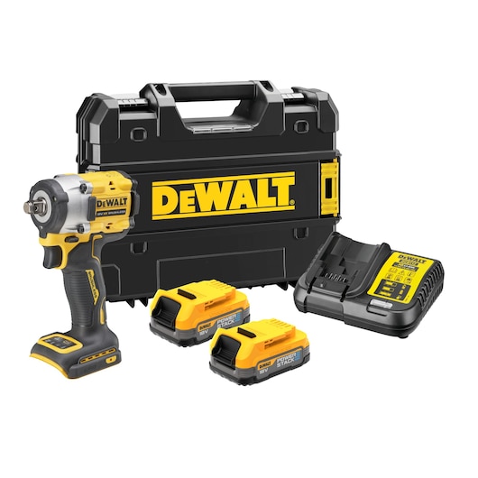 DEWALT cordless impact wrench set including a yellow and black impact wrench, two 18V Powerstack batteries, a battery charger, and a hard carrying case with DEWALT logo.