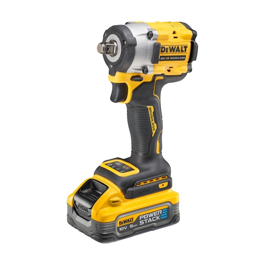 A DEWALT cordless brushless impact wrench with a yellow and black design, featuring a 18V POWERSTACK 5Ah battery, displayed on a white background.