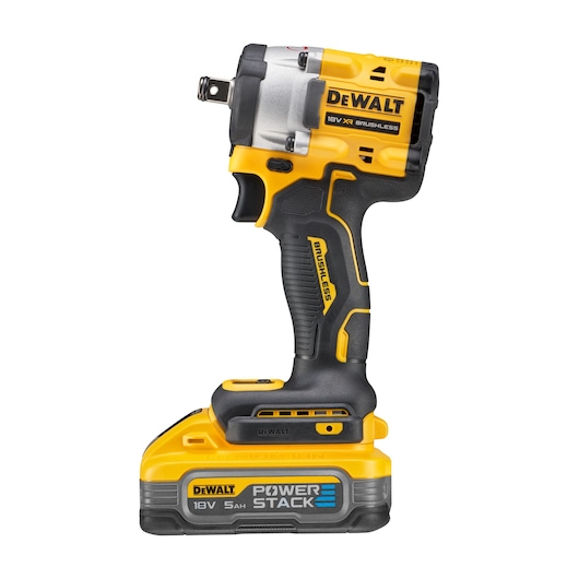 A DEWALT 18V XR brushless cordless impact wrench with POWERSTACK battery, featuring a yellow and black ergonomic design.