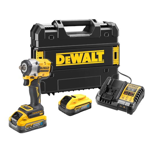 A DEWALT cordless impact wrench kit, including a black and yellow impact wrench, two batteries labeled 'Power Stack', a battery charger, and a hard plastic carrying case with the DEWALT logo.