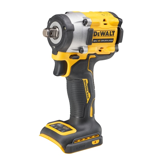 Cordless DEWALT 18V XR brushless impact wrench with ergonomic black and yellow design, shown without attached battery.