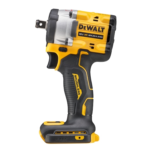 A DEWALT 18V XR brushless cordless impact wrench, shown without battery pack, featuring a yellow and black design.
