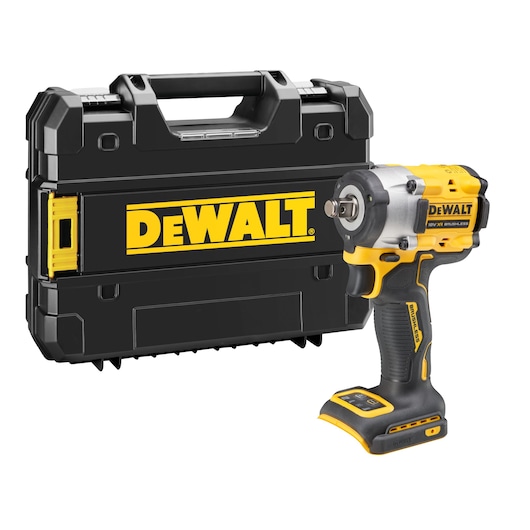 A DEWALT cordless impact wrench with a black and yellow carrying case displayed behind it. The tool and case feature prominent DEWALT branding.