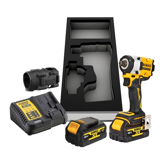 DEWALT 18V XR cordless impact wrench kit including a yellow and black impact wrench, two rechargeable batteries, a battery charger, a protective cover, and a custom black case insert.