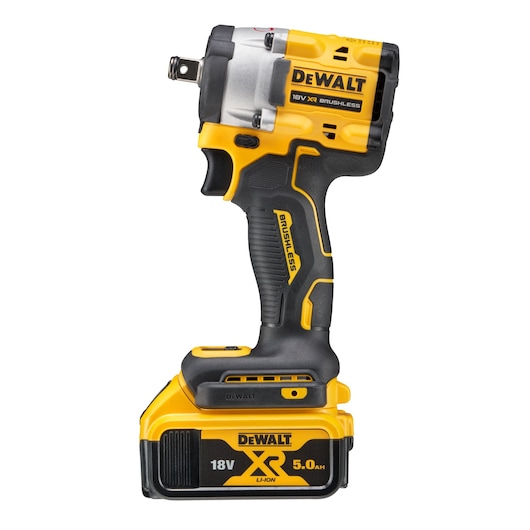 A DEWALT 18V XR brushless cordless impact wrench with a black and yellow handle and a 5.0Ah lithium-ion battery attached at the base.
