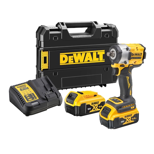 DEWALT cordless impact wrench kit including a black and yellow impact wrench, two 18V lithium-ion batteries, a battery charger, and a hard carrying case branded with the DEWALT logo.