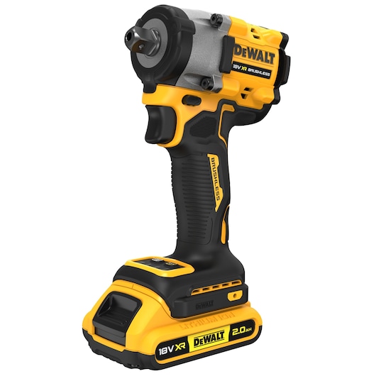 A DEWALT cordless impact wrench with an 18V XR 2.0Ah lithium-ion battery, featuring a yellow and black design and brushless motor.