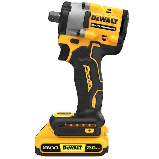 A DEWALT 18V XR brushless cordless impact wrench with a 2.0Ah lithium-ion battery, shown in black and yellow colors.