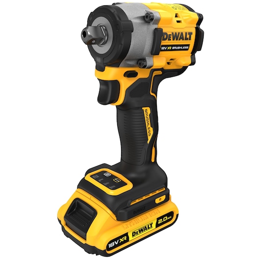A yellow and black DEWALT 18V XR cordless brushless impact wrench with a 2.0 Ah lithium-ion battery, standing upright on a white background.