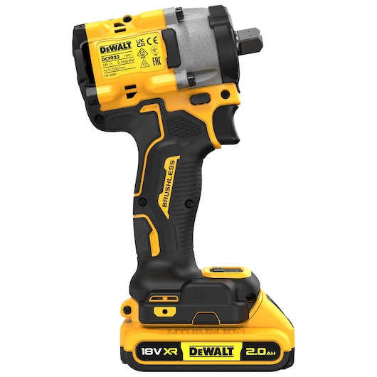 A DEWALT DCF922D2T cordless 18V XR brushless impact wrench with a 2.0Ah lithium-ion battery, shown in a side profile view with yellow and black design.