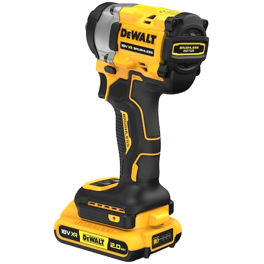 A close-up image of a DEWALT 18V XR brushless cordless impact wrench with a black and yellow design and a 2.0Ah lithium-ion battery attached.