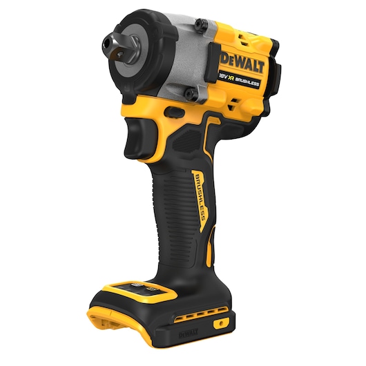 A DEWALT cordless 18V XR brushless impact wrench with a yellow and black ergonomic design, shown without the battery attached.