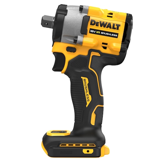 A DEWALT 18V XR brushless cordless impact wrench, shown in a side view. The tool is mainly black and yellow with visible branding and a textured handle for grip.