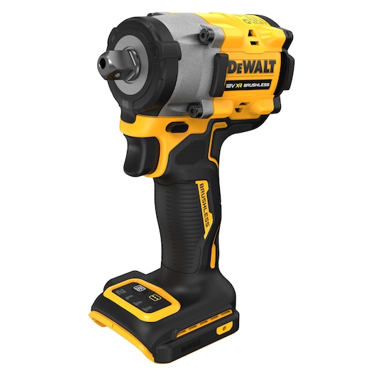 A DEWALT 18V XR Brushless cordless impact wrench with a yellow and black design, shown without battery attached.