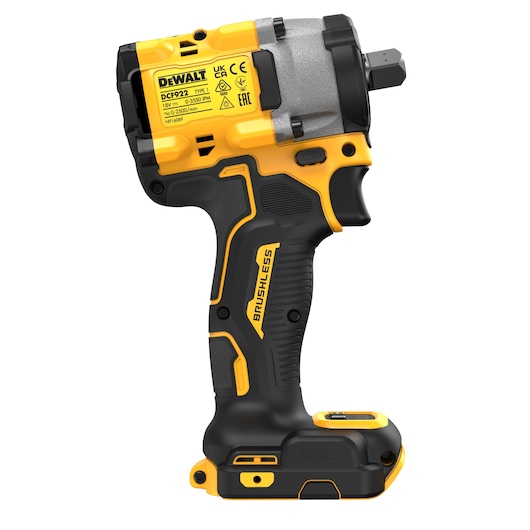 A DEWALT DCF922NT cordless brushless impact wrench in yellow and black, shown in a side profile view. The tool has a compact design with a visible label on the upper part and features a textured handle for grip.