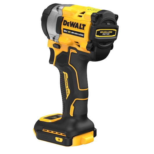 A DEWALT 18V XR brushless cordless impact wrench, mostly black and yellow in color, shown standing upright on a white background.