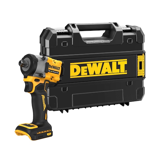A DEWALT cordless impact wrench tool shown in front of a black DEWALT carrying case with yellow accents and the DEWALT logo.