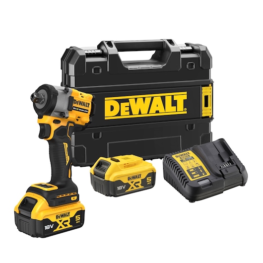 A DEWALT cordless impact wrench kit consisting of an 18V XR impact wrench tool with battery attached, a second spare battery, a battery charger, and a hard carrying case with the DEWALT logo.