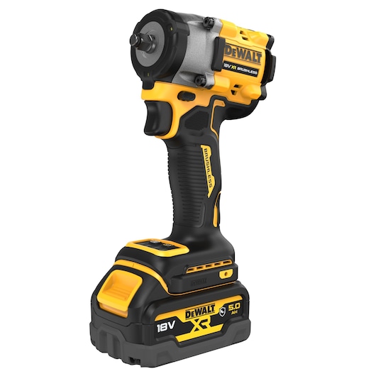 A DEWALT 18V XR brushless cordless impact wrench with a 5.0 Ah battery, featuring a black and yellow ergonomic design.