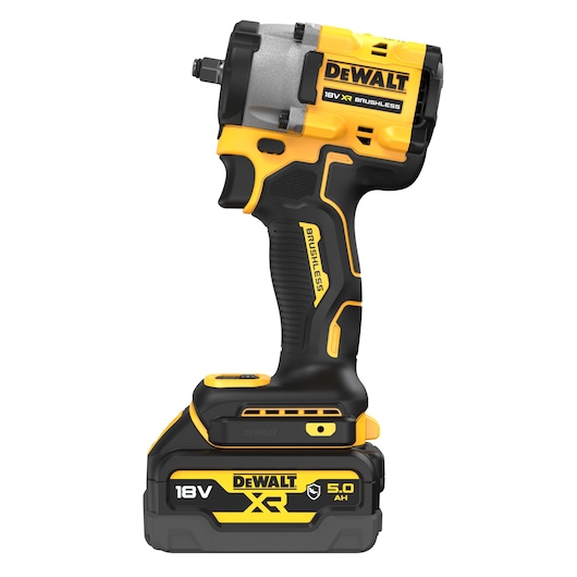 A DEWALT 18V XR brushless cordless impact wrench, featuring a black and yellow design with a 5.0 Ah battery.