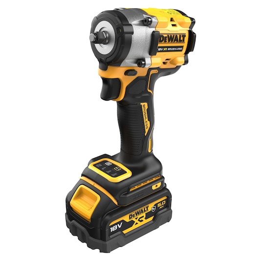 DEWALT 18V XR brushless cordless impact wrench with ergonomic grip, yellow and black color, and 5.0 Ah battery attached.