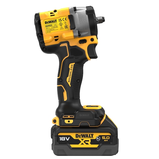 DEWALT DCF923P2G 18V XR cordless brushless impact wrench with 5.0Ah battery, shown in a side profile. The tool is yellow and black with visible branding and labels.