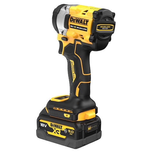 A DEWALT 18V XR Brushless cordless impact wrench with a black and yellow grip, shown with a 5.0Ah rechargeable battery attached at the base.
