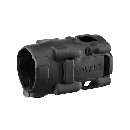 Protective black rubber boot for a DEWALT power tool, designed to cover and shield the tool body from impact and wear.