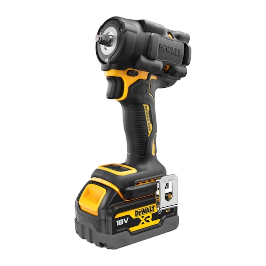 A DEWALT 18V XR cordless impact wrench, featuring a black and yellow design with a brushless motor and ergonomic handle. The battery pack is attached at the base.