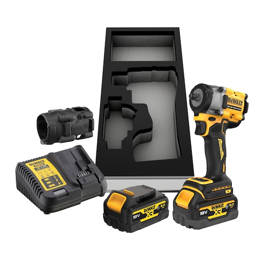 DEWALT 18V XR Brushless Impact Wrench Kit with two batteries, charger, protective cover, and molded carrying case insert displayed on a white background.