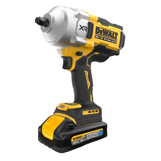 DEWALT 18V XR cordless impact wrench with brushless motor and POWERSTACK battery.