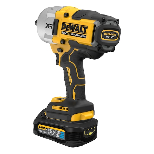 DEWALT 18V XR brushless impact wrench with POWERSTACK battery, yellow and black design on white background.