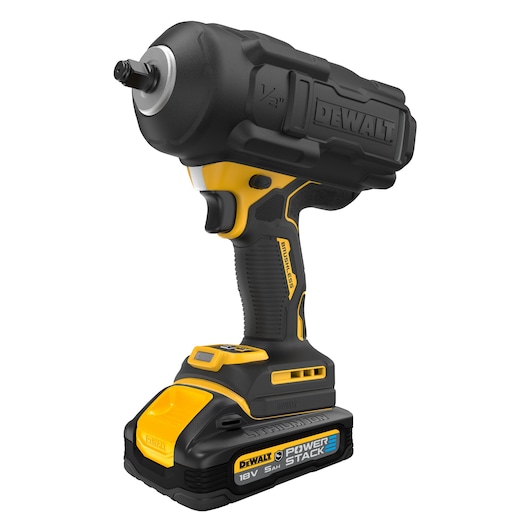 DEWALT cordless impact wrench with POWERSTACK 18V battery, yellow and black, front view on white background.