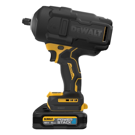 DEWALT cordless impact wrench with PowerStack 18V 5Ah battery, black and yellow, side view.