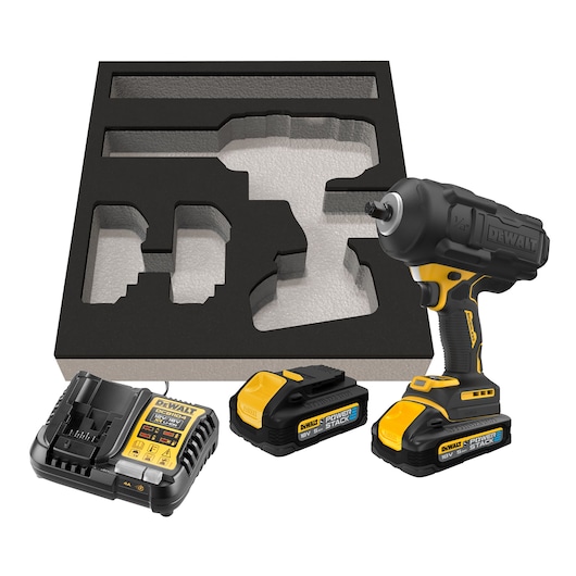 DEWALT impact wrench kit with two batteries, charger, and custom foam tray for storage.